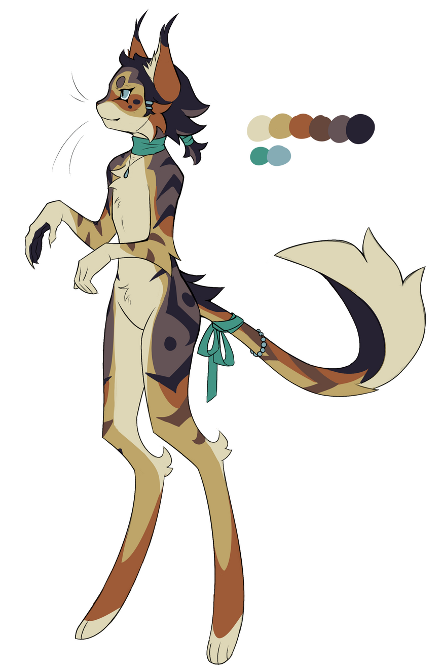 Bipedal humanoid cat with ribbons and a ponytail